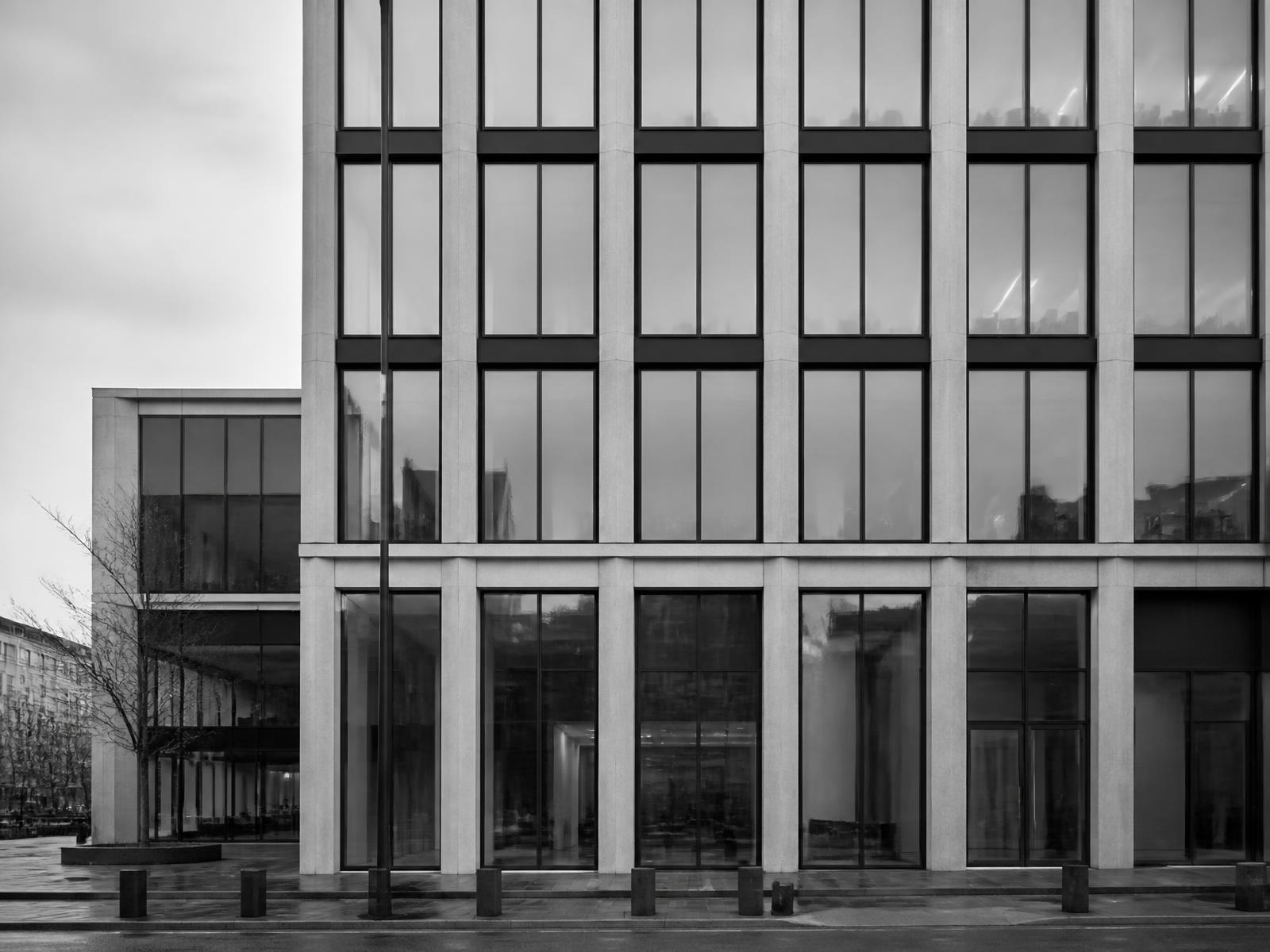 Contemporary commercial building facade at street level