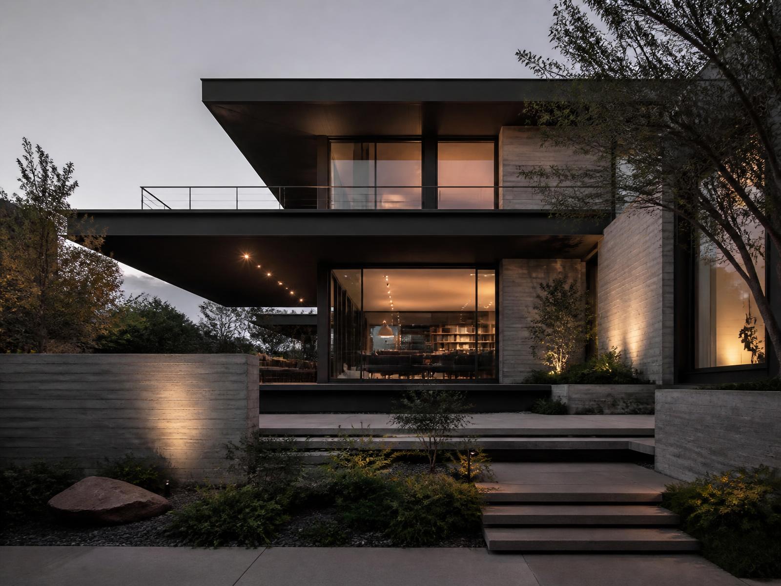 Contemporary stone, concrete and glass residence with landscaped garden at dusk