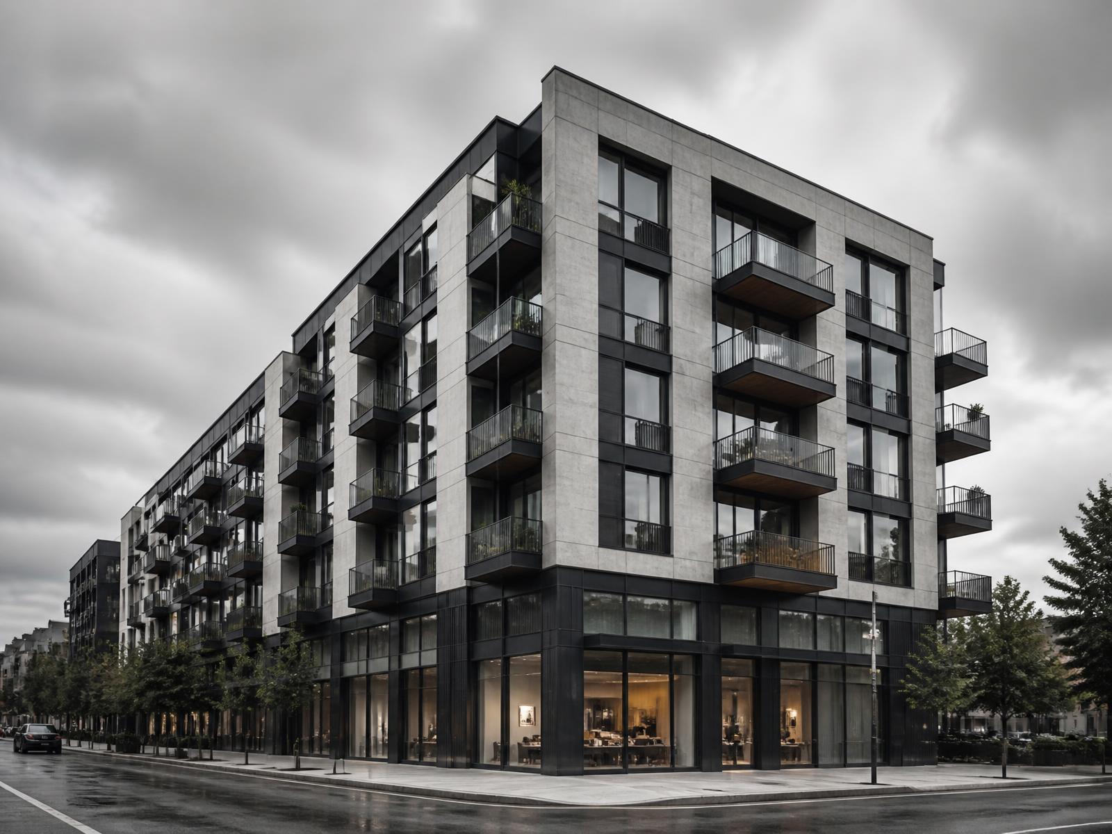 Contemporary mid-rise apartment building with mixed-use ground floor