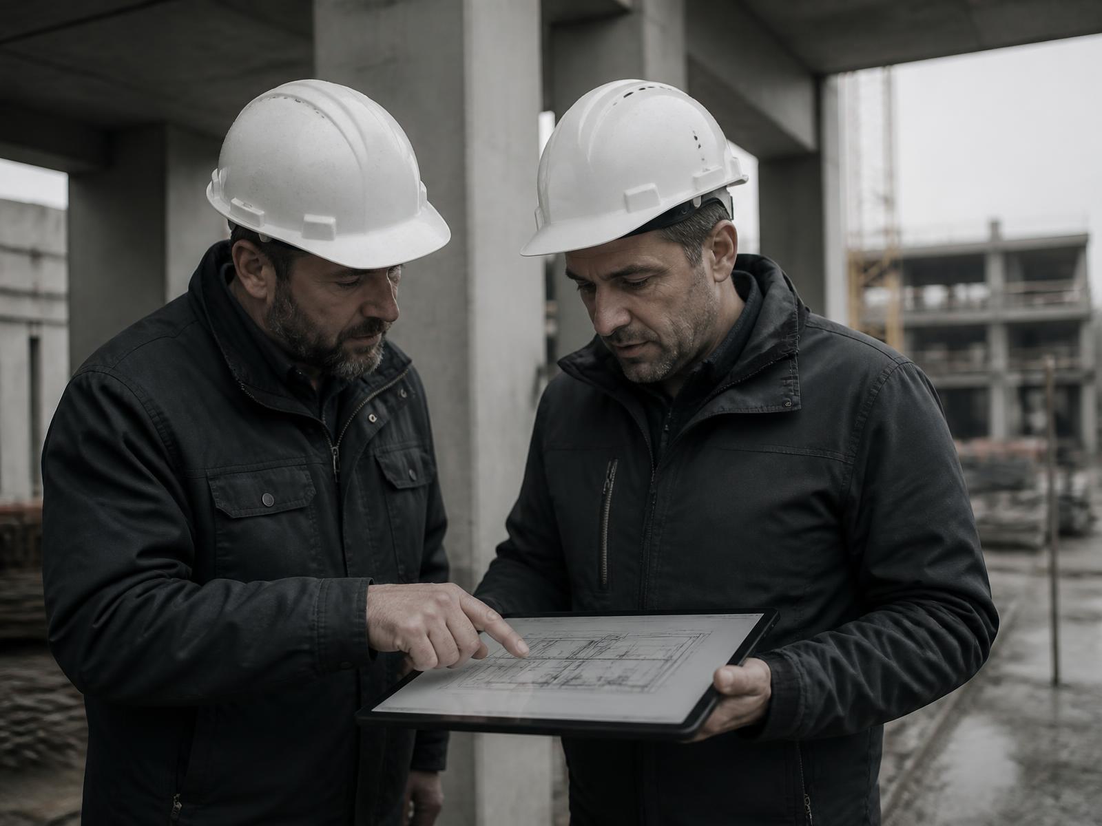 Site team reviewing construction drawings beside a concrete frame